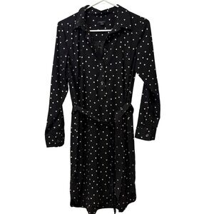 Ann Taylor Petite Black Polka Dot Long Sleeve‎ Shirt Dress Belted MP Travel